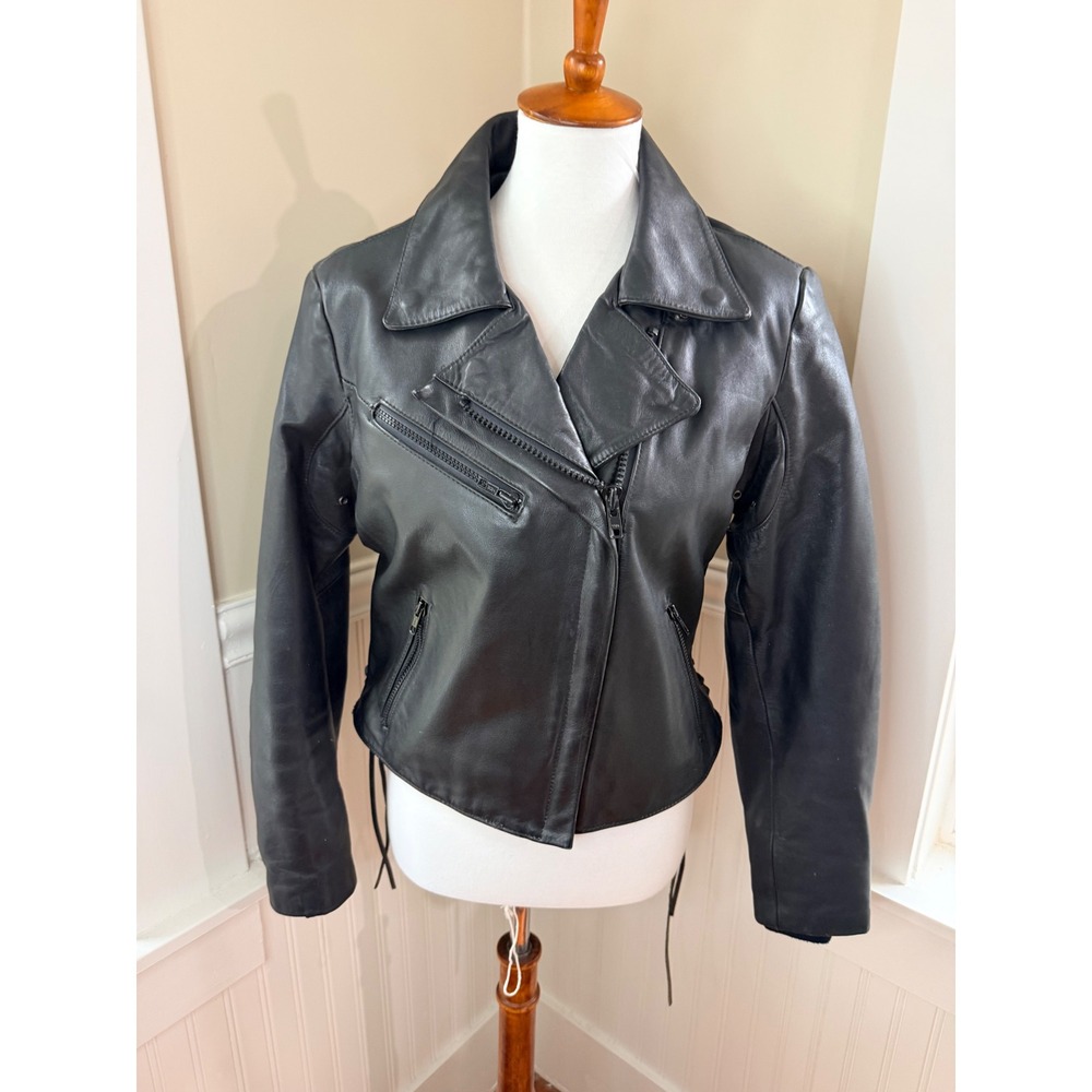 Bullskins Vintage Leather Motorcycle Jacket Side Lace Biker Black Womens M 14